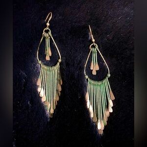 Elegant Green Patina & Brass 2.5” Dangle Earrings